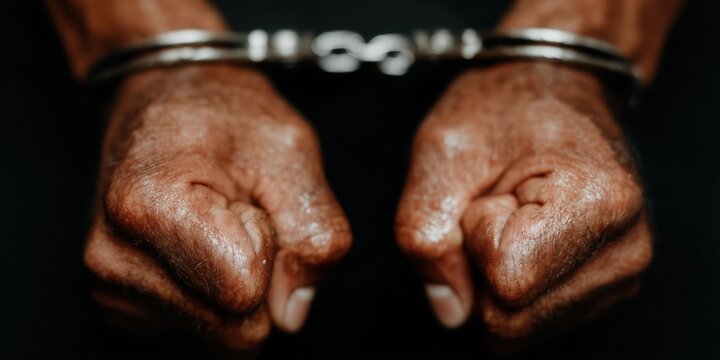 Handcuffed hands, breaking the law, criminal, arresting a bandit, thief in handcuffs, police vs. criminals, ICE immigrant capture. Crime and punishment, instant karma, for the news. High quality