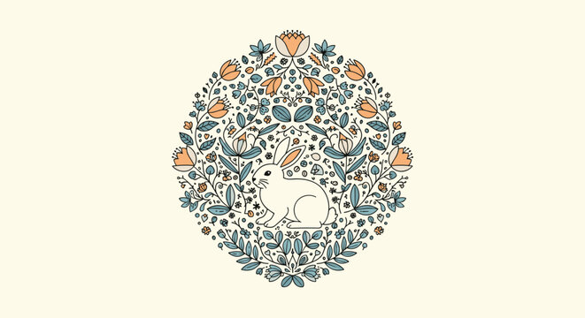 Decorative illustration of a white rabbit surrounded by a circular floral arrangement of leaves and blossoms, in a whimsical folk art style.