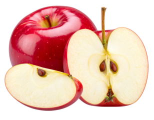 Whole and Sliced Fuji Apple, Side View, Isolated PNG