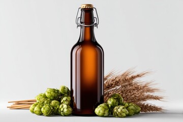 Obraz premium Dark amber beer bottle surrounded by hops and barley on a clean displayed background in a well-lit environment for brewing enthusiasts