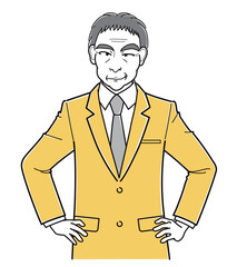 腰に手をあててニヤニヤしているスーツの中年男性（シンプル・上半身）