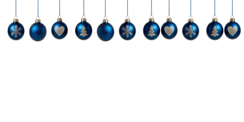 Festive border of hanging blue Christmas baubles featuring silver snowflakes, trees, and hearts, isolated on transparent background,  for decoration. PNG