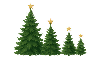 Fototapeta premium Group of green christmas trees, each topped with a golden star, symbolizing winter holidays and festive celebrations. Transparent background