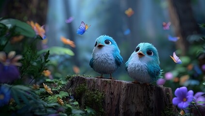 Two fluffy blue cartoon birds on a forest stump with butterflies