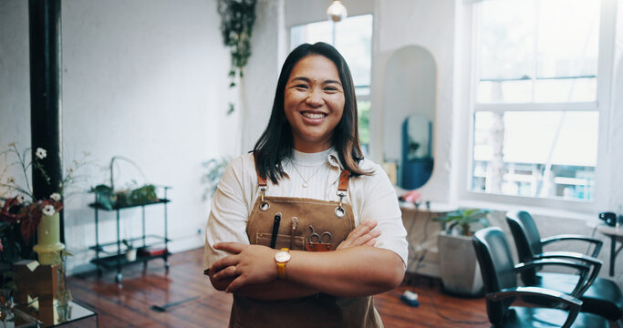 Portrait, happiness and woman in hair salon with arms crossed, about us or owner of small business. Smile, grooming and hairdresser in startup with confidence, experience or career in beauty industry