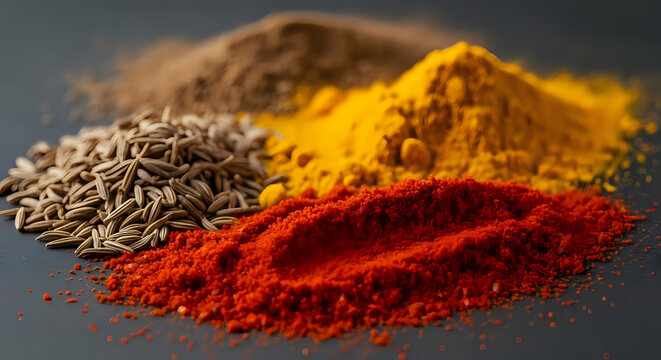 Four piles of spices whole cumin seeds, red chili powder, turmeric powder, and ground cumin on a dark surface