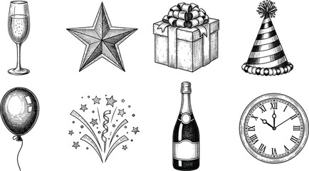 Vintage style black and white illustration of New Year's Eve celebration elements