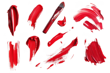 Red paint swatches and brush on transparent background, artistic expression, vibrant color