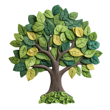Felted tree with green leaves and brown trunk on transparent background, handmade decorative piece, eco-friendly art