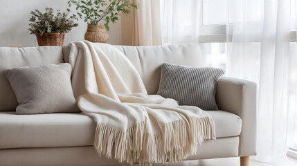 Cloud Dancer Cozy Beige Sofa with White Blanket and Pillows in Bright Minimalist Living Room Interior Colour of the Year 2026