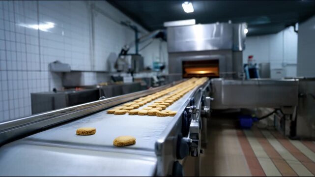 Food factory conveyor line smoothly moves rows of cookie blanks inside a large industrial oven for the baking process