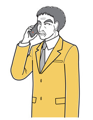 スマートフォンで電話しているスーツの中年男性（シンプル・上半身）