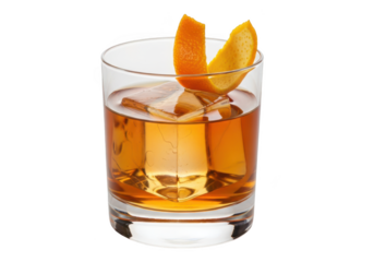 Old Fashioned cocktail with orange peel garnish in a rocks glass on transparent background