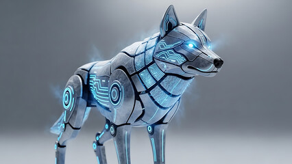 Cyborg wolf with glowing blue digital patterns