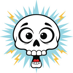 Vector illustration of a shocked cartoon skull with wide eyes and a dropped jaw, surrounded by an electric blue starburst and yellow lightning bolts indicating sudden surprise.