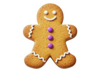 Smiling Gingerbread Man Cookie with Purple Buttons and White Icing on transparent background for Holiday Baking and Treats