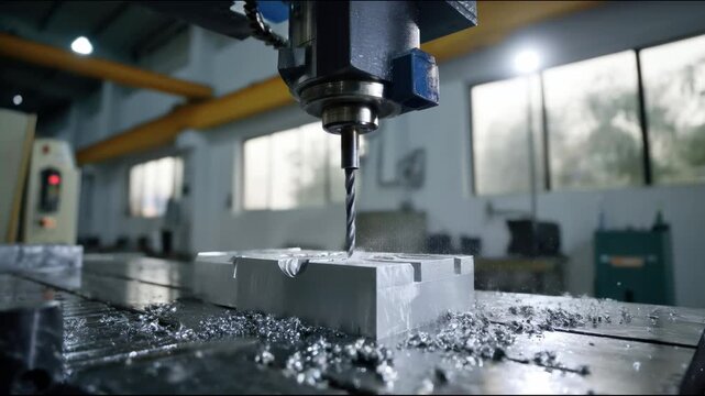 Close-up of a CNC machine drill bit boring into a metal block in a workshop, scattering silver metal shavings across the table