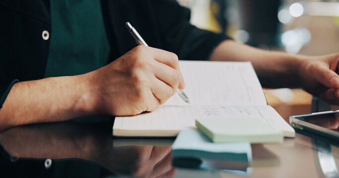 Man, hands or writing with book for business schedule, notes or reminder on office desk. Closeup, male person or checklist with diary, notebook or to do list for agenda, tasks or project in workplace