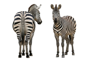 Naklejka premium Two zebras standing on transparent background, one facing forward and the other showing its back and side.
