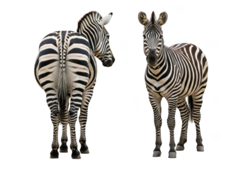 Two zebras standing on transparent background, one facing forward and the other showing its back and side.