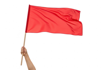 Hand holding a red flag isolated on transparent background