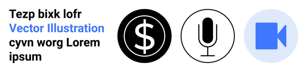 Finance, audio recording, media production, digital communication, technology, content creation. Dollar sign, microphone and video camera symbols in modern graphic style. Finance and audio recording