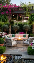 Fototapeta premium Elegant Outdoor Patio with Fire Pit, Cozy Seating, Pergola with Bougainvillea, and String Lights at Dusk.