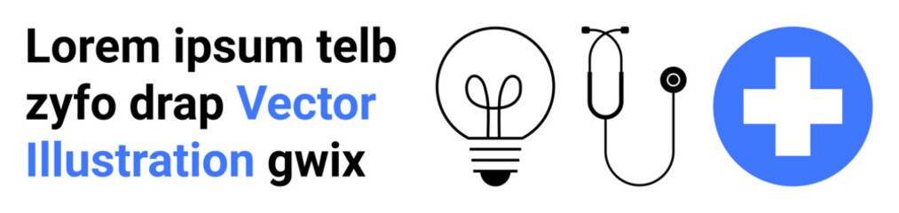 Healthcare, medical innovation, diagnostics, idea generation, medicine, health education. Stethoscope, light bulb and medical cross icon. Healthcare and medical innovation concepts