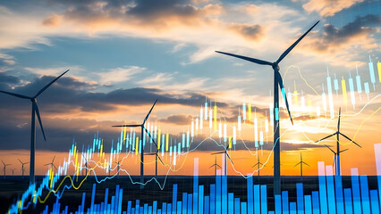 Wind turbines at sunset with financial chart overlay