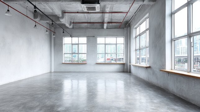 Spacious loft interior with large windows and exposed ceiling.