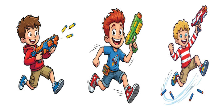 Kids Playing with Nerf Toy Guns Cartoon Vectors