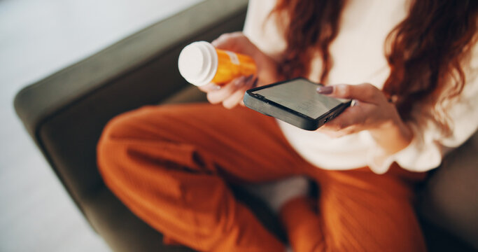 Hands, medication and phone with woman in home living room to search side effects or symptoms. Above, app and container with person in apartment for cure, remedy or treatment information and research