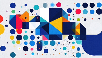 抽象画 幾何学模様 多角形 カラフル ポップアート 鮮やか ダイナミック エネルギー 構成 現代美術 対比 青 黄 赤 ドット 丸 円形 デザイン 創造性 活気