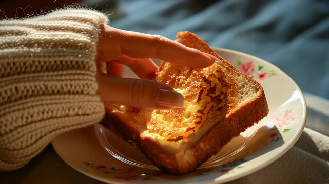 A hand reaches for a slice of toasted bread on a decorative plate, highlighting a warm and cozy atmosphere.