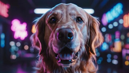 Golden Retriever Dog Portrait Neon Lights, Pet Photography, Cute Animal