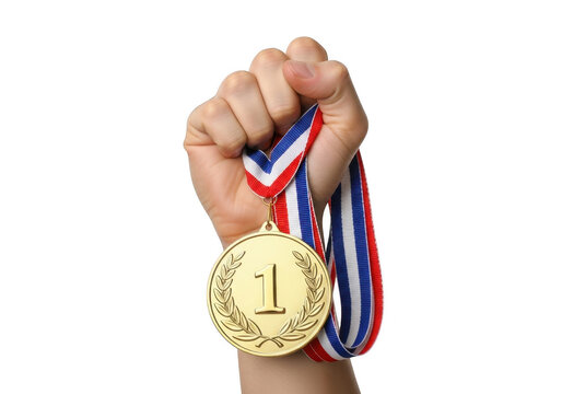 Hand holding a gold medal for first place isolated on transparent background