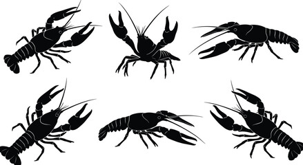 Lobster silhouette icon set, crayfish vector illustration, marine animal clipart, seafood shapes, crustacean poses, black drawing, top view, side viewLobster silhouette icon set