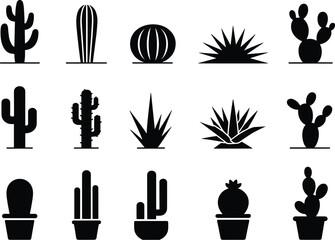 Cactus silhouette icon set, succulent vector collection, desert plant shapes, botanical clipart, potted cactus, agave, saguaro, prickly pearCactus silhouette icon set, succulent vector collection