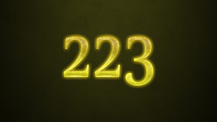 Neon glowing yellow number of 223 on dark background.