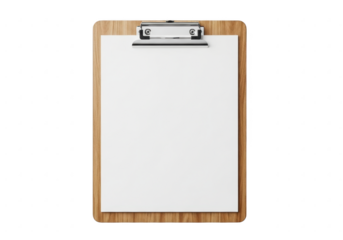 Wooden clipboard with blank white paper isolated on transparent background