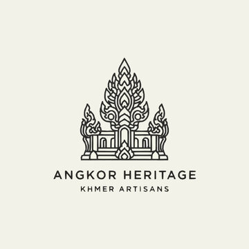 Minimalist line art logo featuring a stylized Khmer temple structure with text 'Angkor Heritage Khmer Artisans' on a light background.