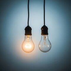Two light bulbs hanging from the ceiling with one illuminated