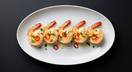 Cooked shrimp garnished with herbs and chili on white plate  
