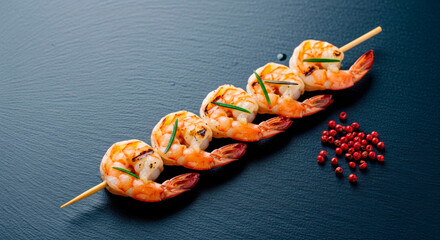 Grilled shrimp skewers with herbs and spices on dark slate background  