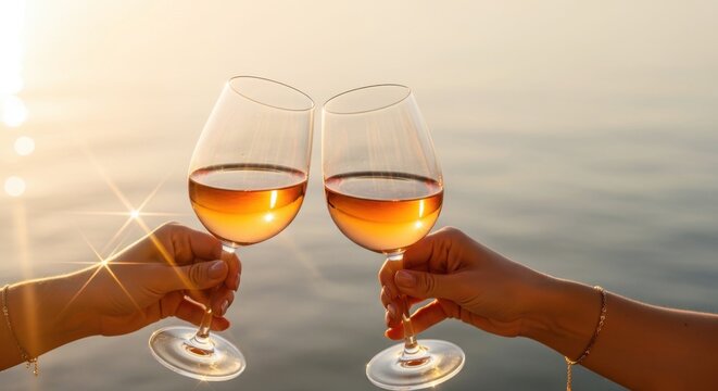 Two hands clinking wine glasses against ocean background at sunset  