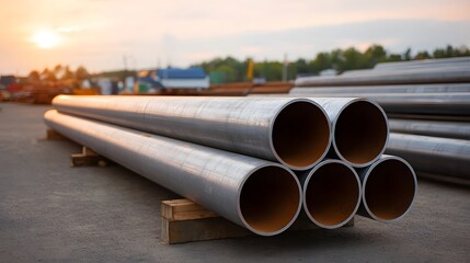 A stack of metallic pipes rests on wooden pallets during a soft twilight sunset