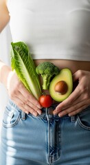 A woman folded her hands on her stomach, fresh vegetables and fruits on her stomach, the concept of stomach health