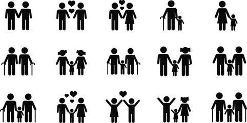 Family Love and Elderly Care Icons &ndash; Isolated on Transparent Background Black Vector Illustration