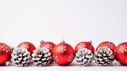 Red Christmas decorations and pine cones placed on a white background. There is a free space for text on top, a copy space