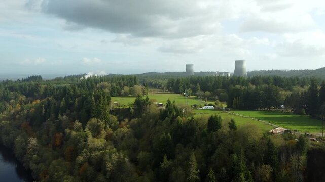 US, WA, Elma, 2025-10-29 - Drone view of the incomplete, abandoned Satsop Nuclear Power Plant